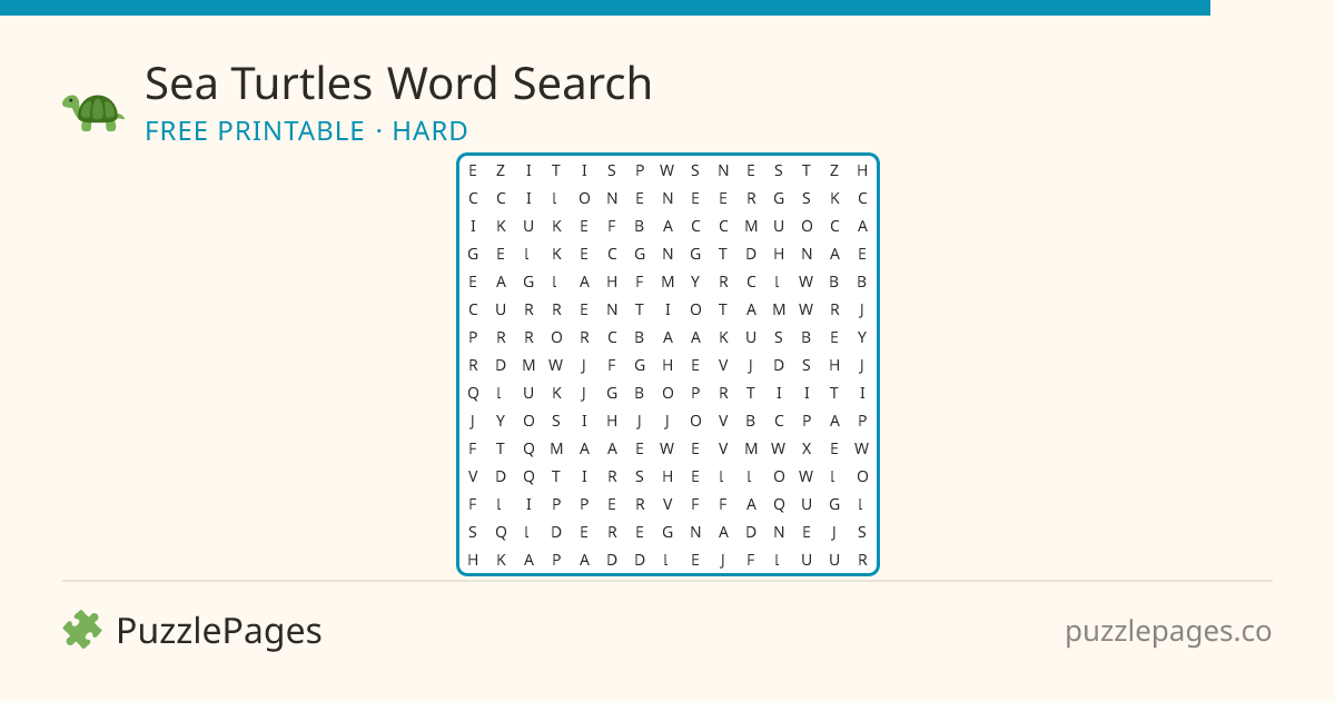 Sea Turtles Hard printable word search preview — free to print from PuzzlePages