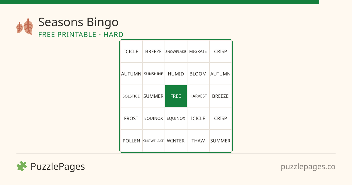 Seasons Hard printable bingo preview — free to print from PuzzlePages