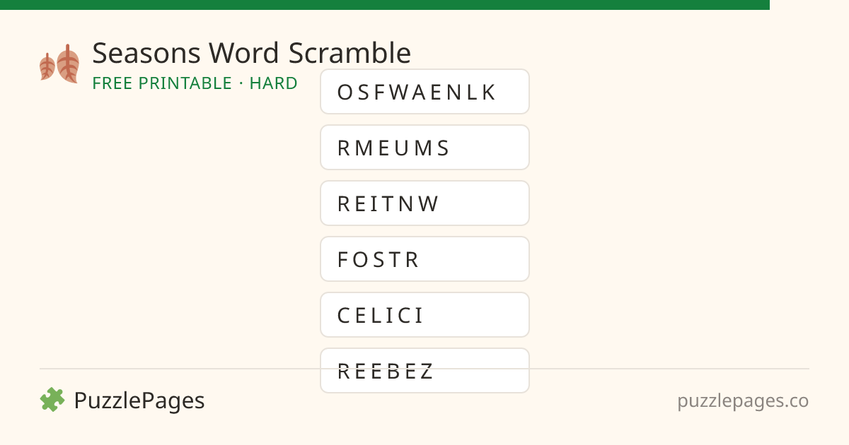 Seasons Hard printable word scramble preview — free to print from PuzzlePages