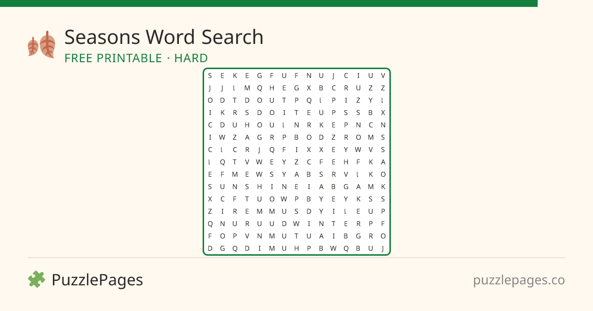 Seasons Hard printable word search preview — free to print from PuzzlePages