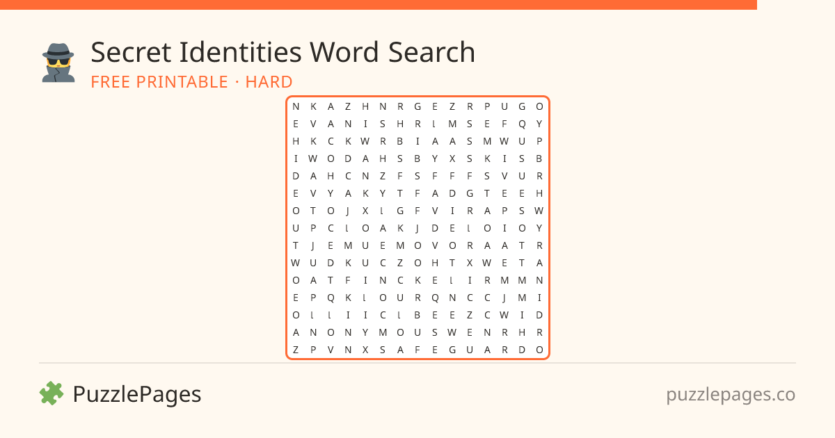 Secret Identities Hard printable word search preview — free to print from PuzzlePages