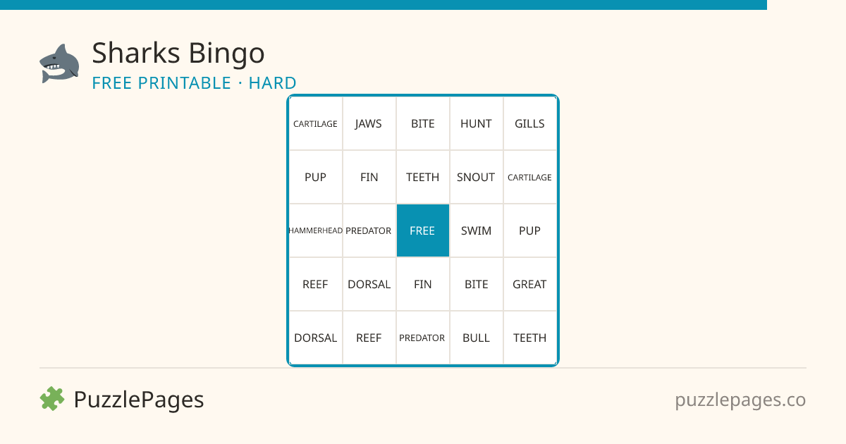 Sharks Hard printable bingo preview — free to print from PuzzlePages