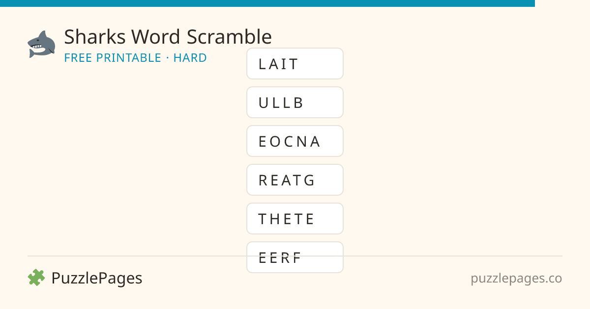 Sharks Hard printable word scramble preview — free to print from PuzzlePages