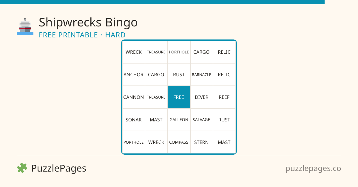 Shipwrecks Hard printable bingo preview — free to print from PuzzlePages