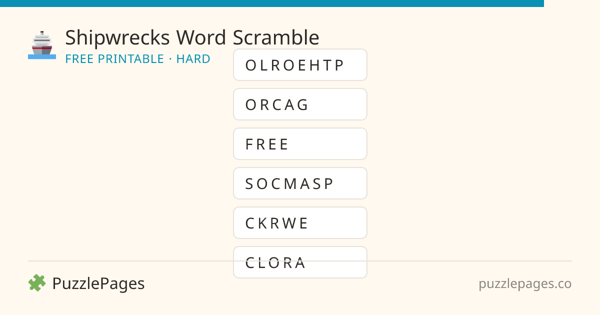 Shipwrecks Hard printable word scramble preview — free to print from PuzzlePages