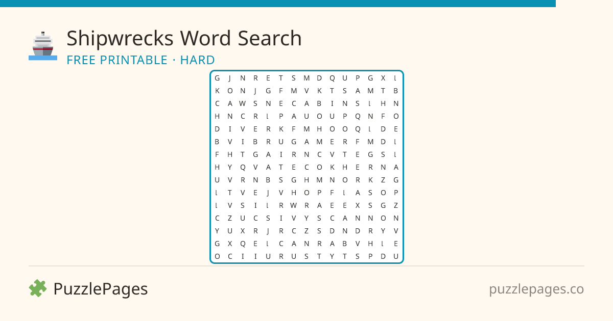 Shipwrecks Hard printable word search preview — free to print from PuzzlePages