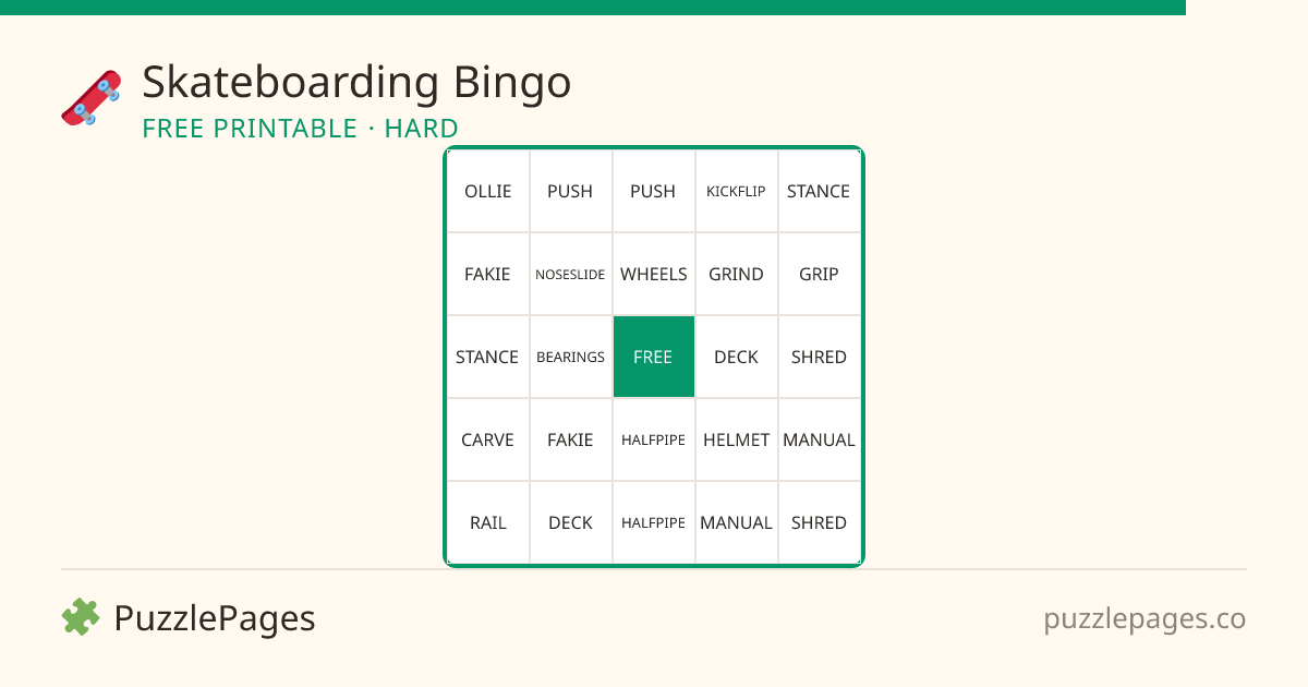 Skateboarding Hard printable bingo preview — free to print from PuzzlePages