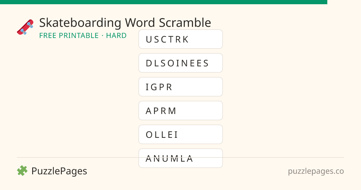 Skateboarding Hard printable word scramble preview — free to print from PuzzlePages