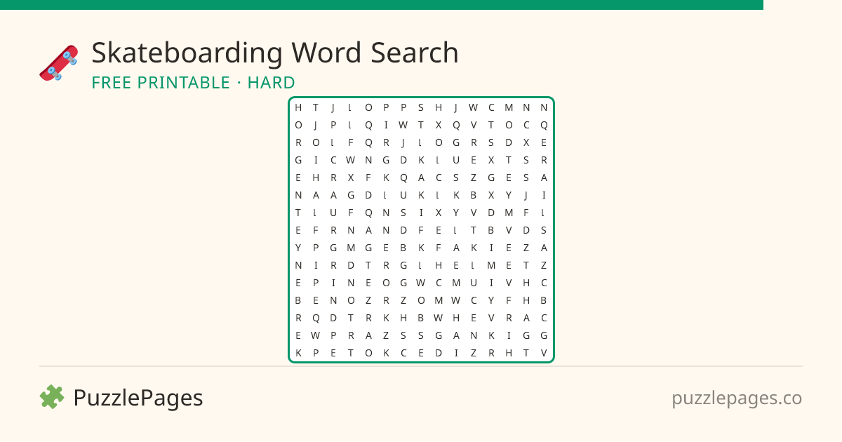 Skateboarding Hard printable word search preview — free to print from PuzzlePages