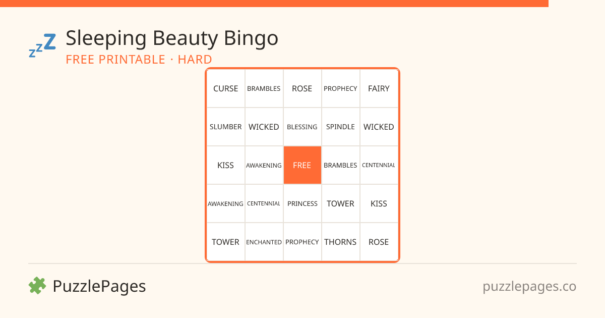 Sleeping Beauty Hard printable bingo preview — free to print from PuzzlePages