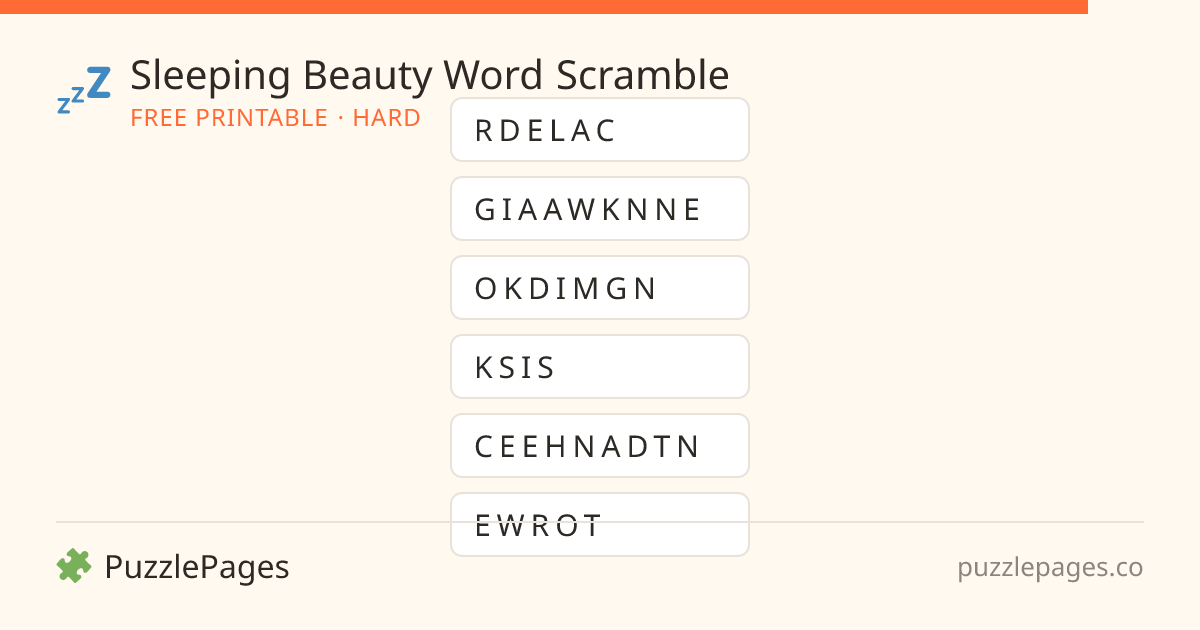 Sleeping Beauty Hard printable word scramble preview — free to print from PuzzlePages