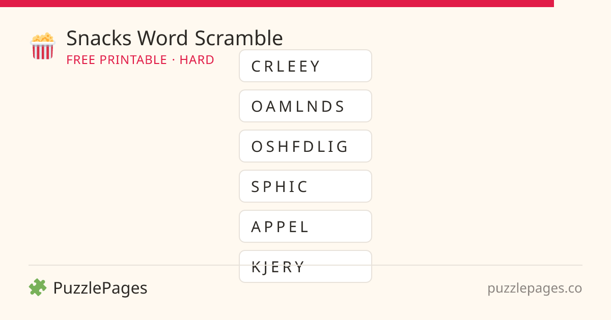 Snacks Hard printable word scramble preview — free to print from PuzzlePages