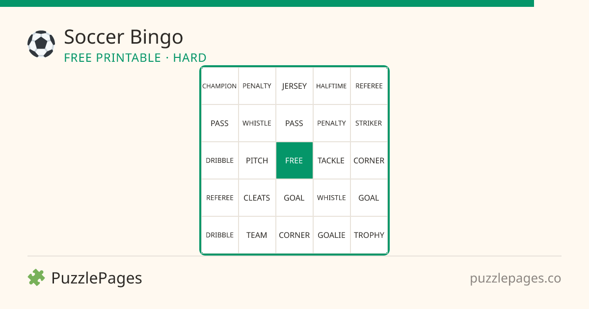 Soccer Hard printable bingo preview — free to print from PuzzlePages