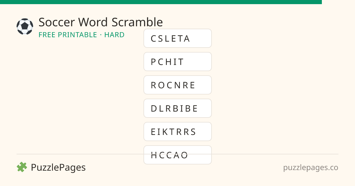 Soccer Hard printable word scramble preview — free to print from PuzzlePages