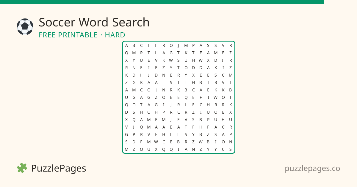 Soccer Hard printable word search preview — free to print from PuzzlePages