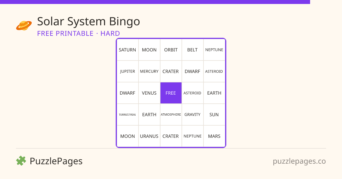 Solar System Hard printable bingo preview — free to print from PuzzlePages