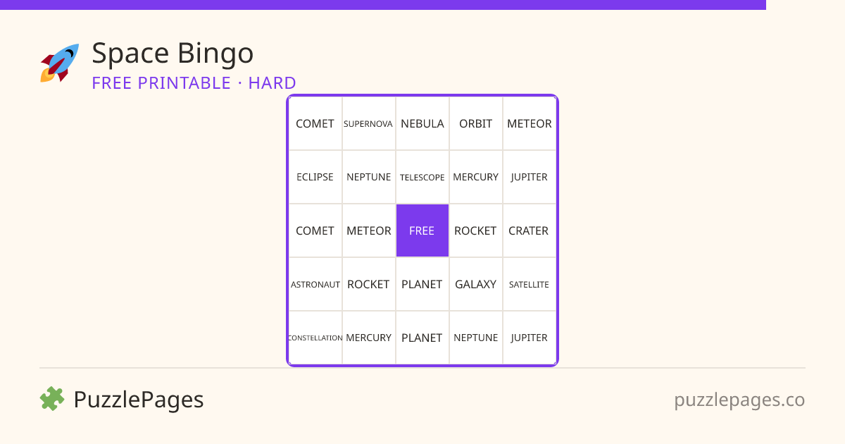 Space Hard printable bingo preview — free to print from PuzzlePages