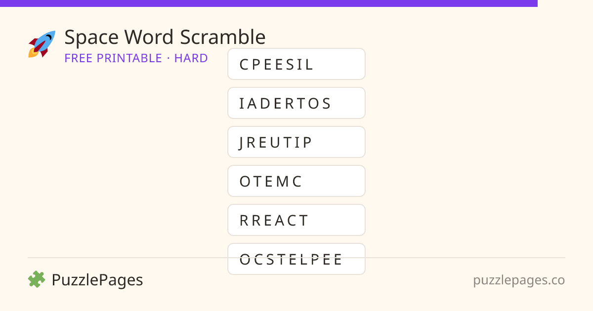 Space Hard printable word scramble preview — free to print from PuzzlePages
