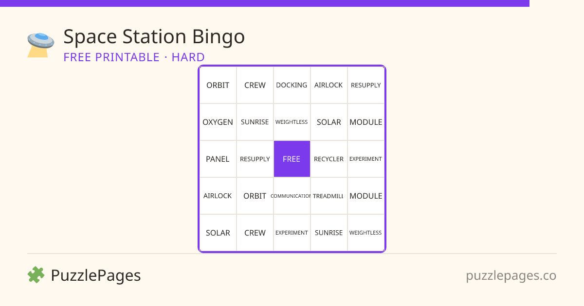 Space Station Hard printable bingo preview — free to print from PuzzlePages