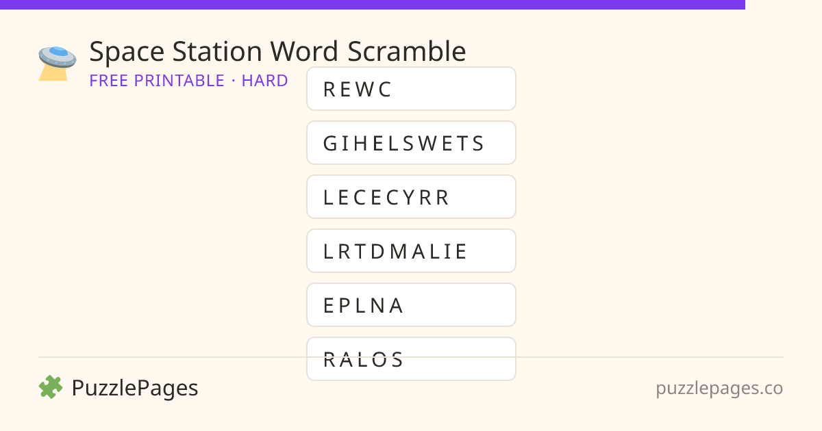 Space Station Hard printable word scramble preview — free to print from PuzzlePages
