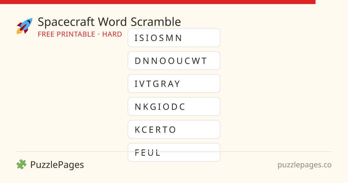 Spacecraft Hard printable word scramble preview — free to print from PuzzlePages
