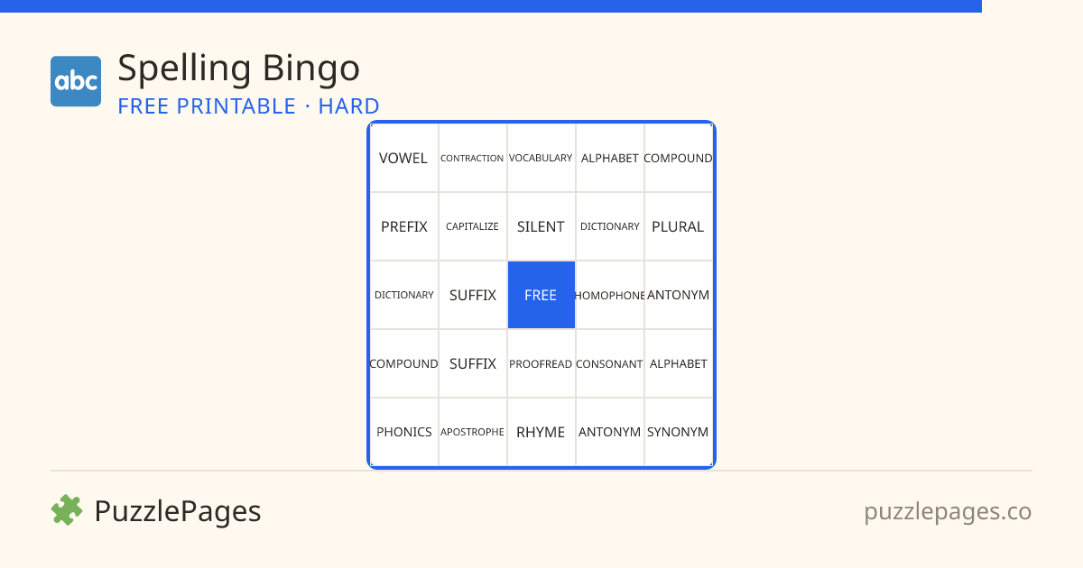 Spelling Hard printable bingo preview — free to print from PuzzlePages