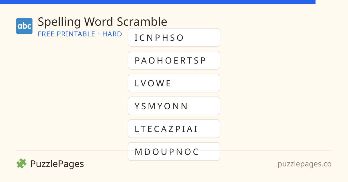 Spelling Hard printable word scramble preview — free to print from PuzzlePages