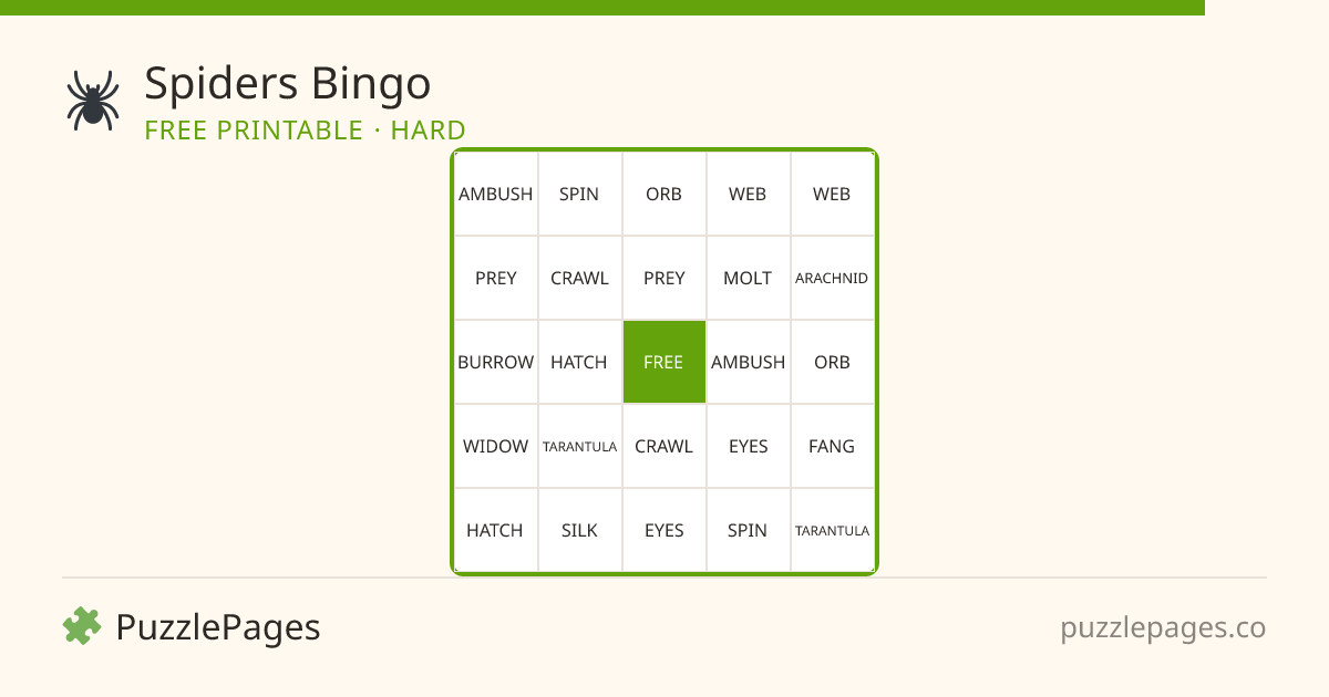 Spiders Hard printable bingo preview — free to print from PuzzlePages