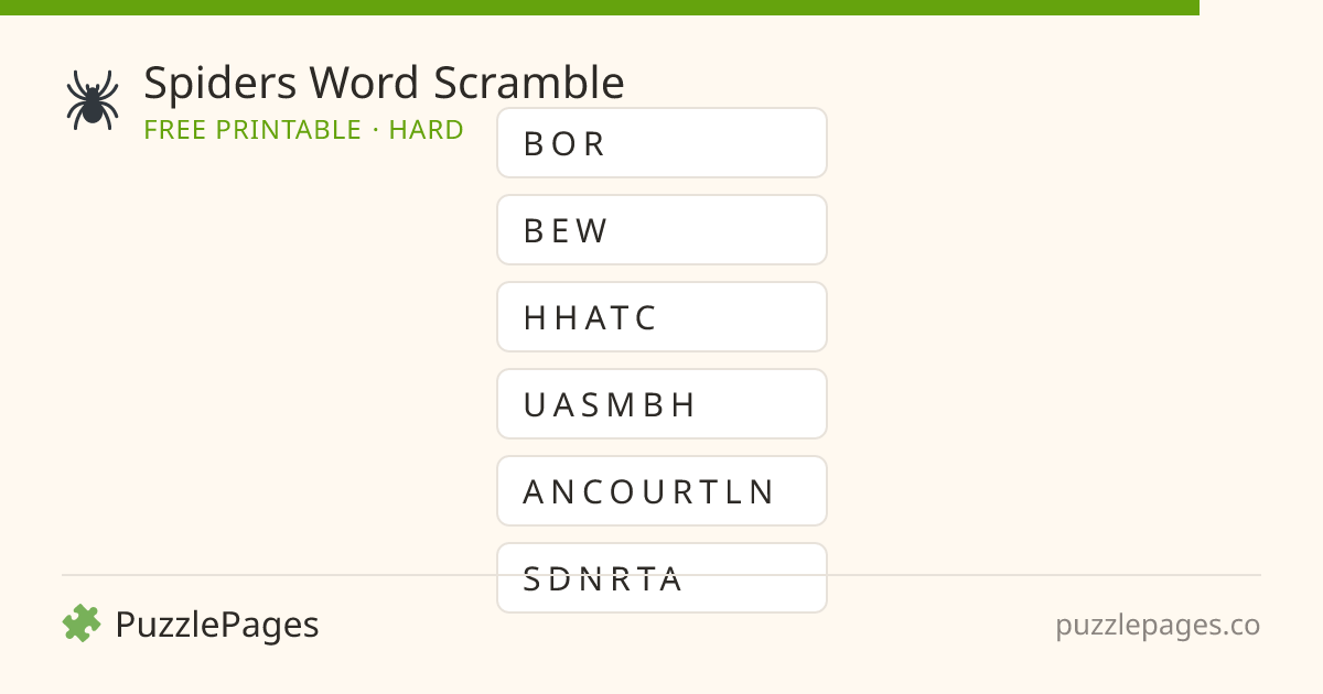 Spiders Hard printable word scramble preview — free to print from PuzzlePages