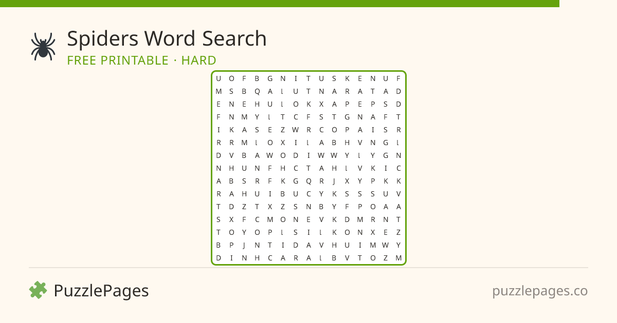 Spiders Hard printable word search preview — free to print from PuzzlePages
