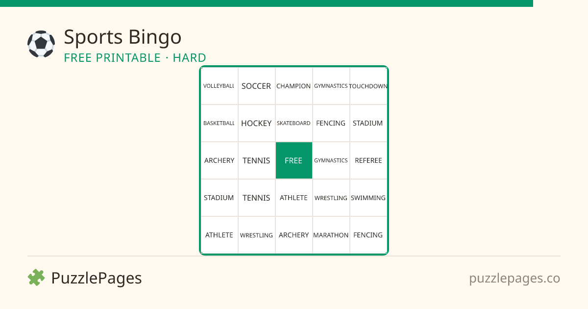 Sports Hard printable bingo preview — free to print from PuzzlePages