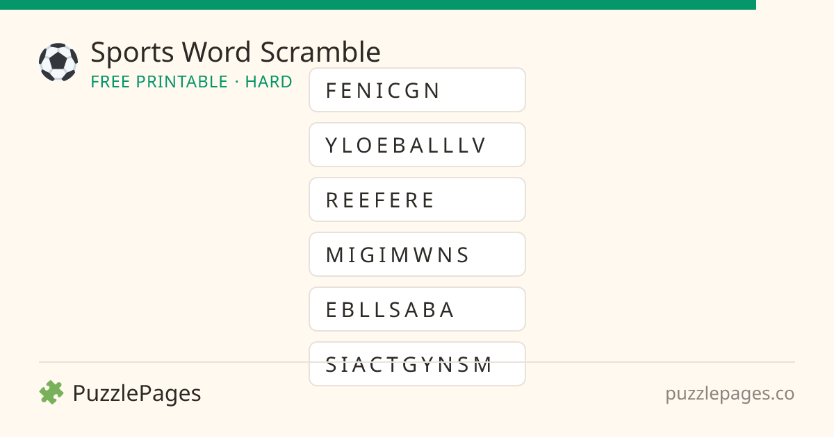 Sports Hard printable word scramble preview — free to print from PuzzlePages