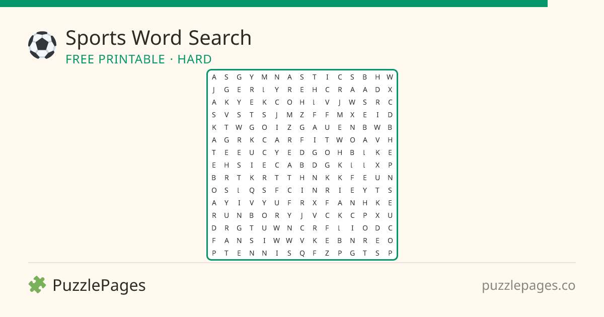 Sports Hard printable word search preview — free to print from PuzzlePages