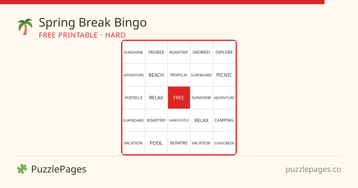 Spring Break Hard printable bingo preview — free to print from PuzzlePages