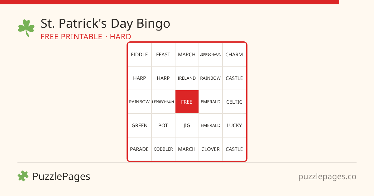 St. Patrick's Day Hard printable bingo preview — free to print from PuzzlePages