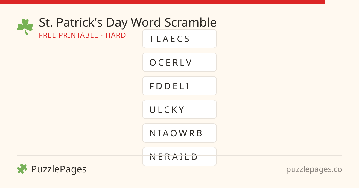 St. Patrick's Day Hard printable word scramble preview — free to print from PuzzlePages