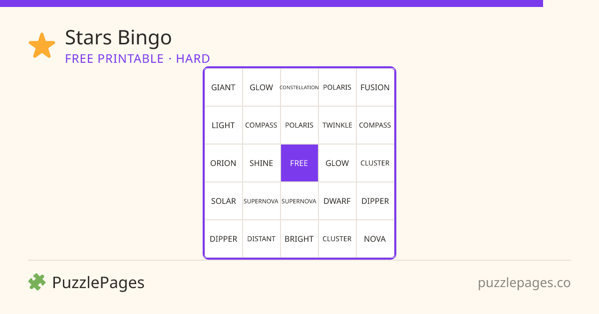 Stars Hard printable bingo preview — free to print from PuzzlePages