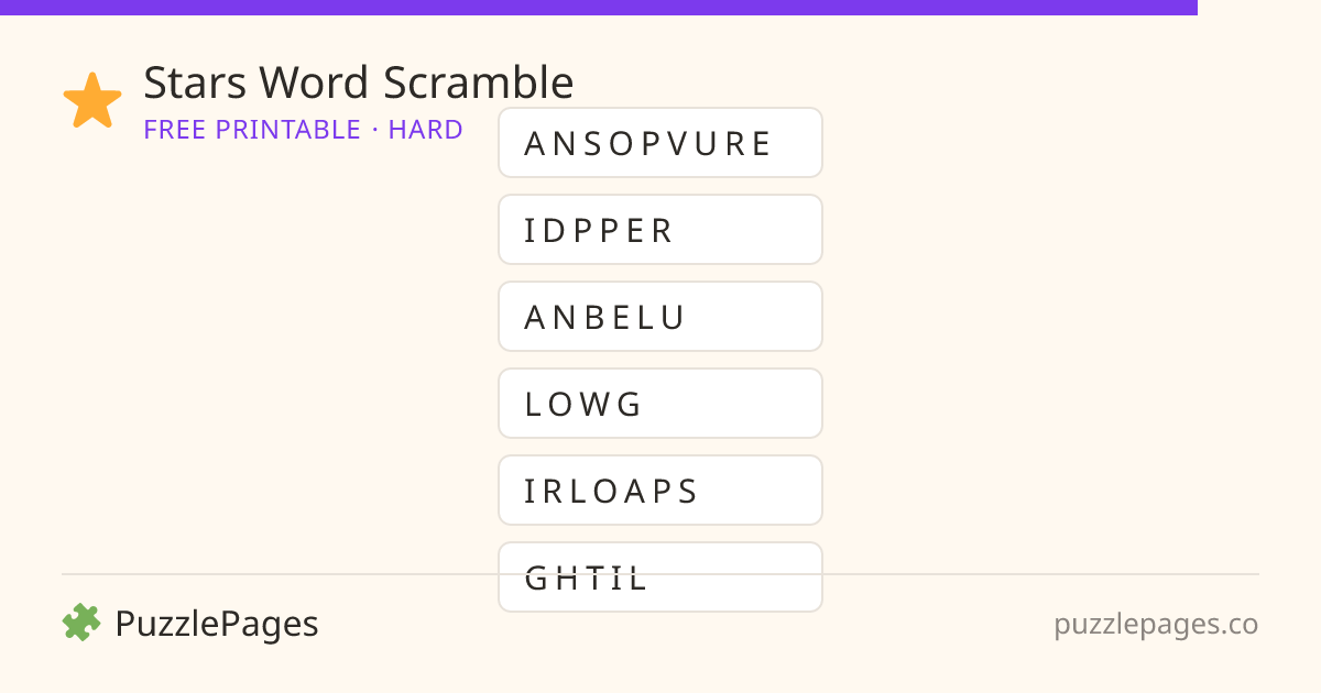Stars Hard printable word scramble preview — free to print from PuzzlePages