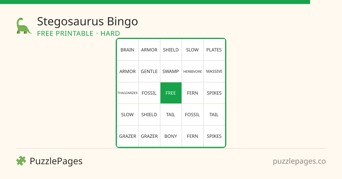 Stegosaurus Hard printable bingo preview — free to print from PuzzlePages