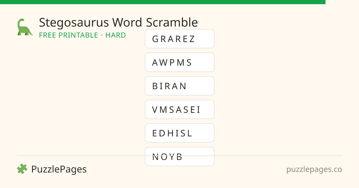 Stegosaurus Hard printable word scramble preview — free to print from PuzzlePages