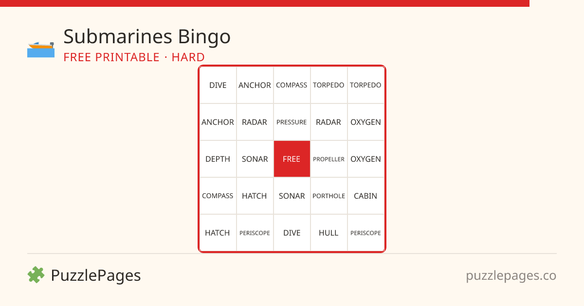 Submarines Hard printable bingo preview — free to print from PuzzlePages