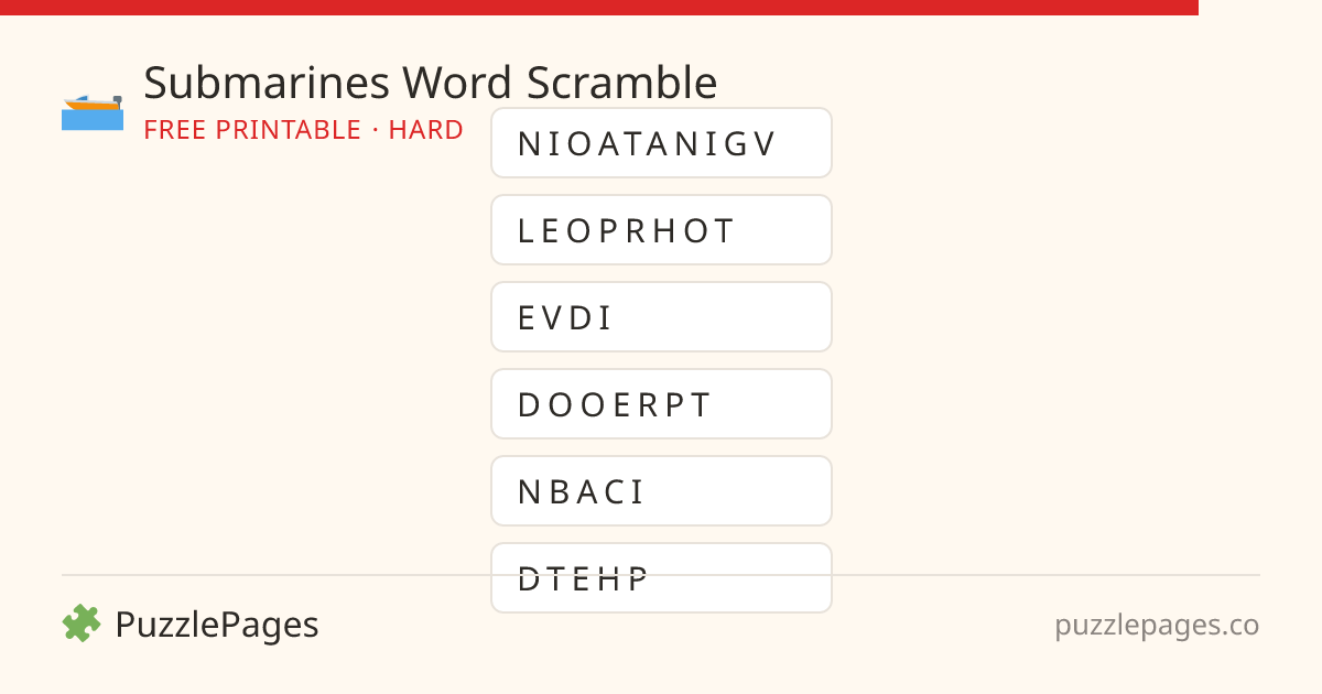 Submarines Hard printable word scramble preview — free to print from PuzzlePages