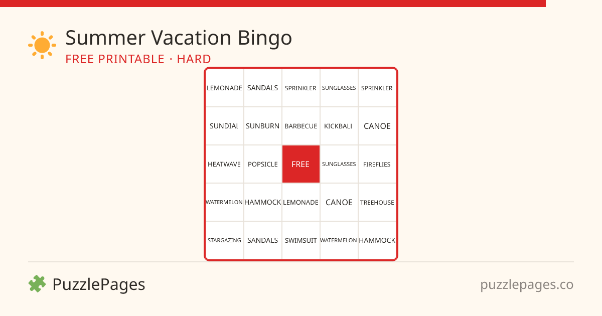 Summer Vacation Hard printable bingo preview — free to print from PuzzlePages