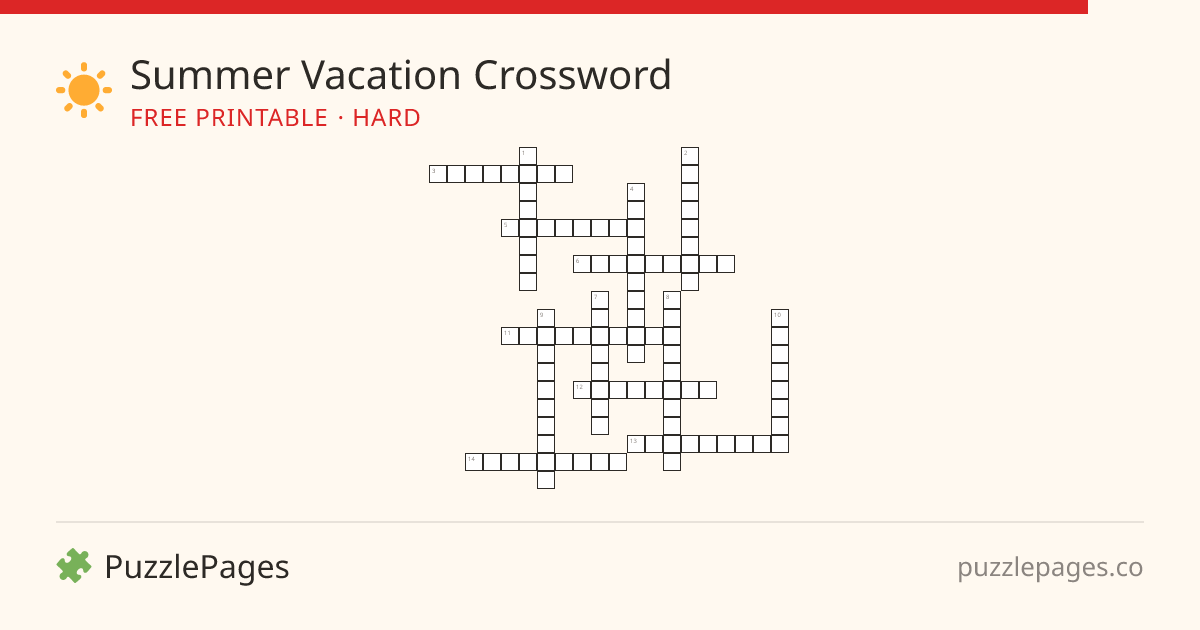 Summer Vacation Hard printable crossword preview — free to print from PuzzlePages