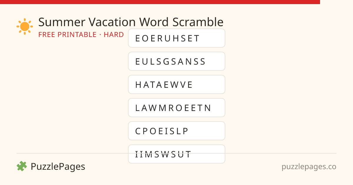 Summer Vacation Hard printable word scramble preview — free to print from PuzzlePages
