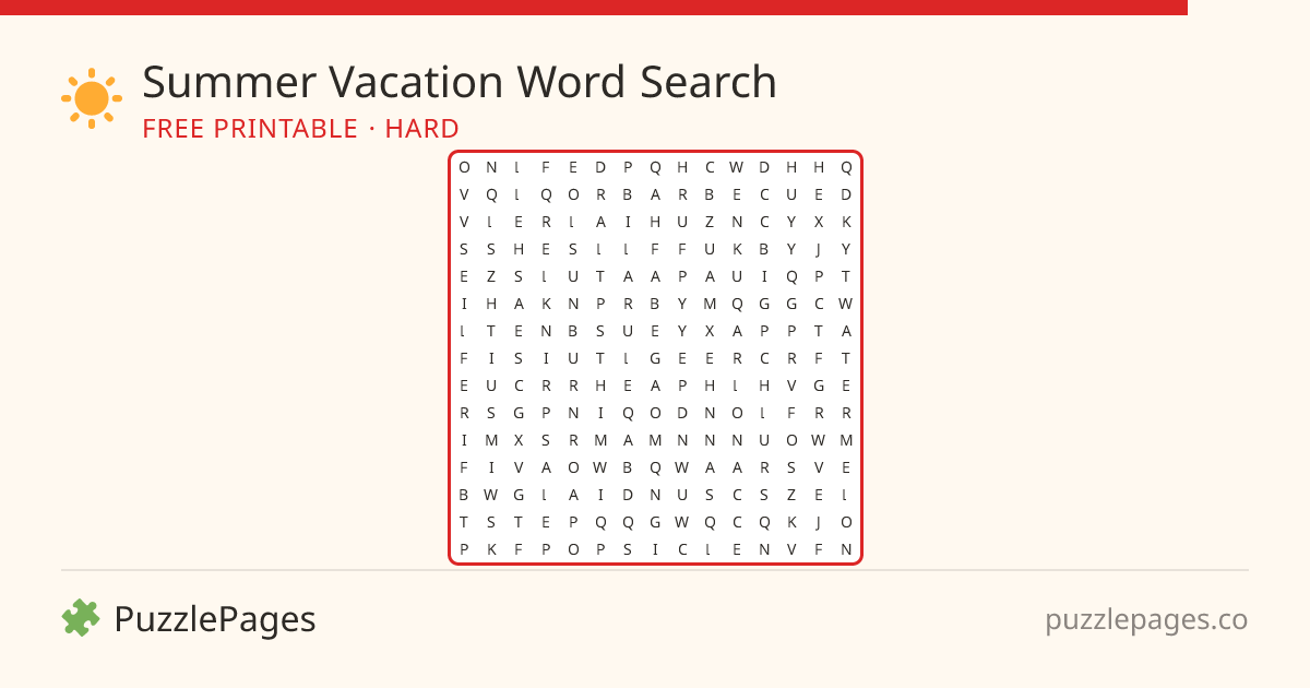 Summer Vacation Hard printable word search preview — free to print from PuzzlePages