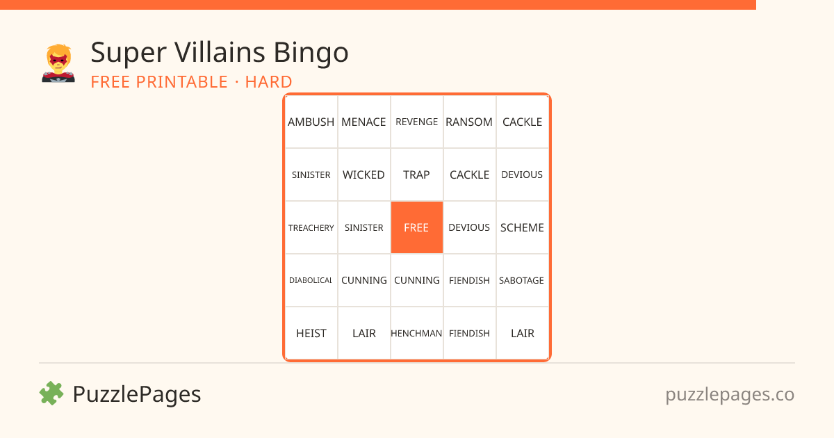 Super Villains Hard printable bingo preview — free to print from PuzzlePages