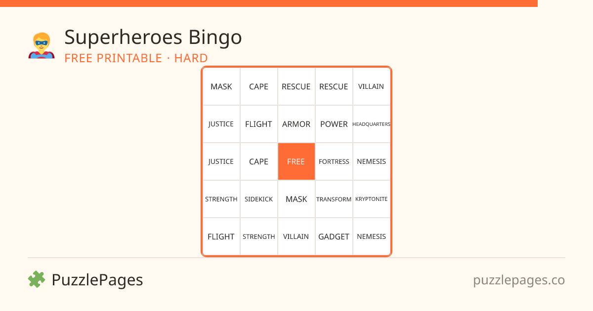 Superheroes Hard printable bingo preview — free to print from PuzzlePages