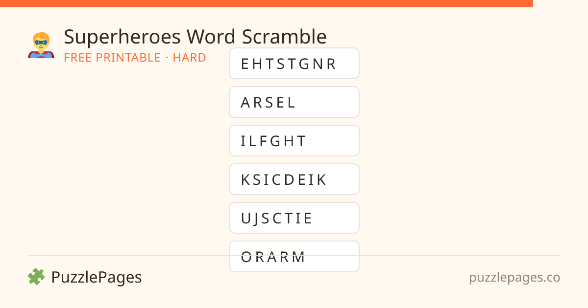 Superheroes Hard printable word scramble preview — free to print from PuzzlePages
