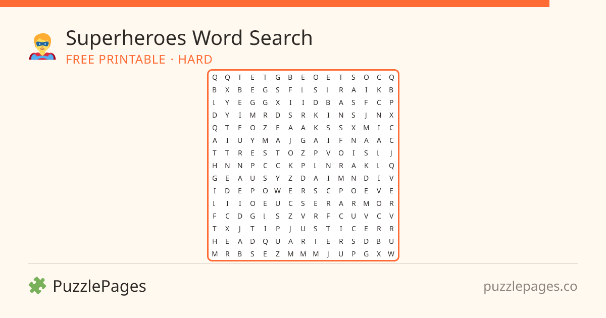 Superheroes Hard printable word search preview — free to print from PuzzlePages
